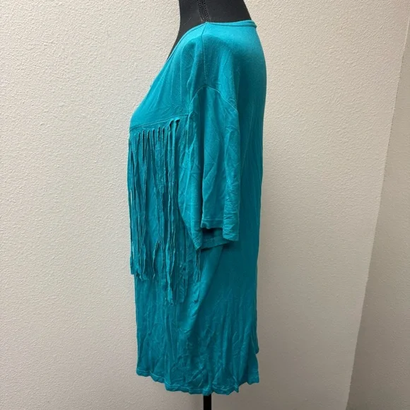 Crazy Train Teal Fringe Western Boho Top Festival Southwest Tee Size L - Picture 4 of 8